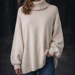 Free People SZ M Softly Structured Cowl Neck Tunic Sweater In Heather Oatmeal